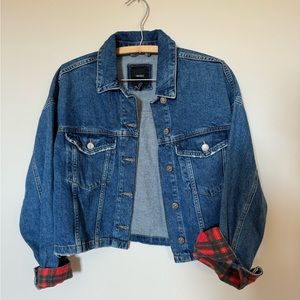 forever 21 dark jean jacket with flannel cuffs